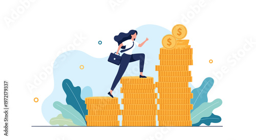 Ambitious businesswoman with a briefcase climbing up growing stacks of gold coins symbolizing career progress and financial success.