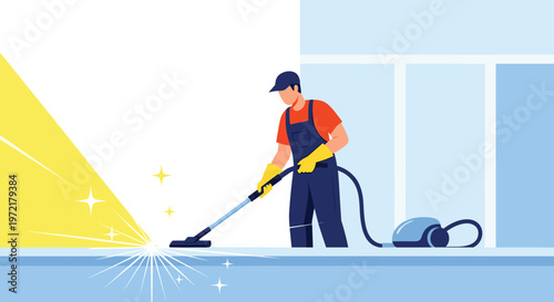 Professional male cleaner in uniform and gloves using a vacuum machine to clean a bright floor in a modern commercial office building.