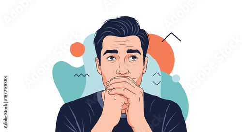 Close up portrait of a concerned man looking up with a worried expression while holding his hands near his mouth in an abstract space.