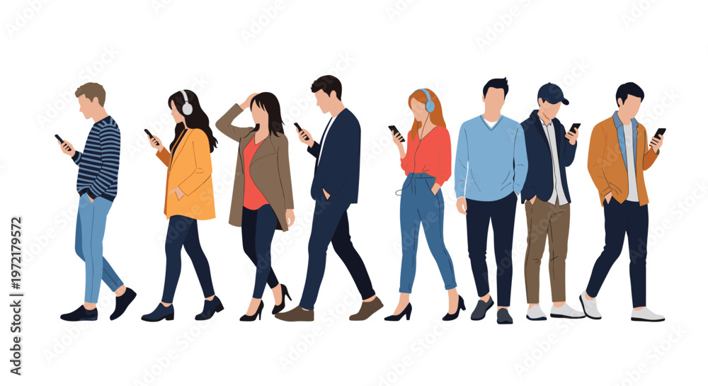 Obraz premium Diverse group of young people walking in a line while being completely distracted by using their smartphones and mobile devices outdoors.