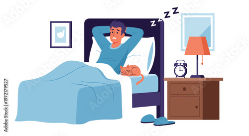Concerned man lying in bed at night suffering from insomnia or anxiety while his pet cat sleeps peacefully next to him under covers.