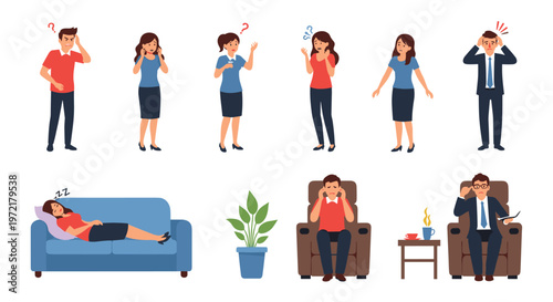 Illustrations of men and women showing various symptoms of stress, headache, and fatigue including sleeping on a couch in the workplace.