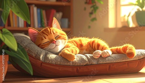 Cartoon orange tabby cat blissfully sleeping in a pet bed with sunlight streaming through a nearby window