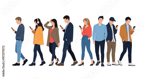 Diverse group of young people walking in a line while being completely distracted by using their smartphones and mobile devices outdoors.