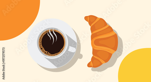 Simple breakfast scene featuring a top down view of a hot cup of black coffee and a fresh flaky croissant on a light neutral background.