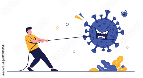 Metaphorical illustration of a person pulling a rope in a tug of war against a large angry virus monster representing fight on germs.