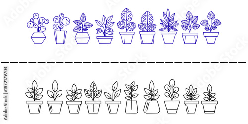 Rows of Potted Houseplant Sketches in Blue and Black Minimalist Line Styles