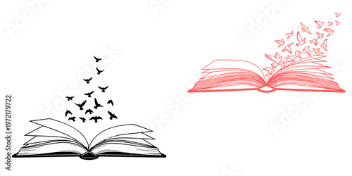 Abstract Line Art Featuring an Open Book Birds and Creative Design Elements