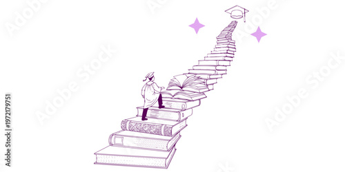 Person Walking Up a Staircase of Books Towards a Graduation Goal Illustration
