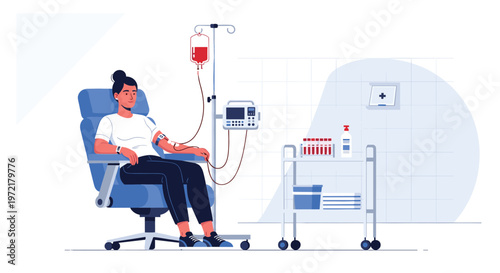 Female patient sitting in a medical chair while receiving a blood transfusion or intravenous treatment from a hanging bag in a hospital room.