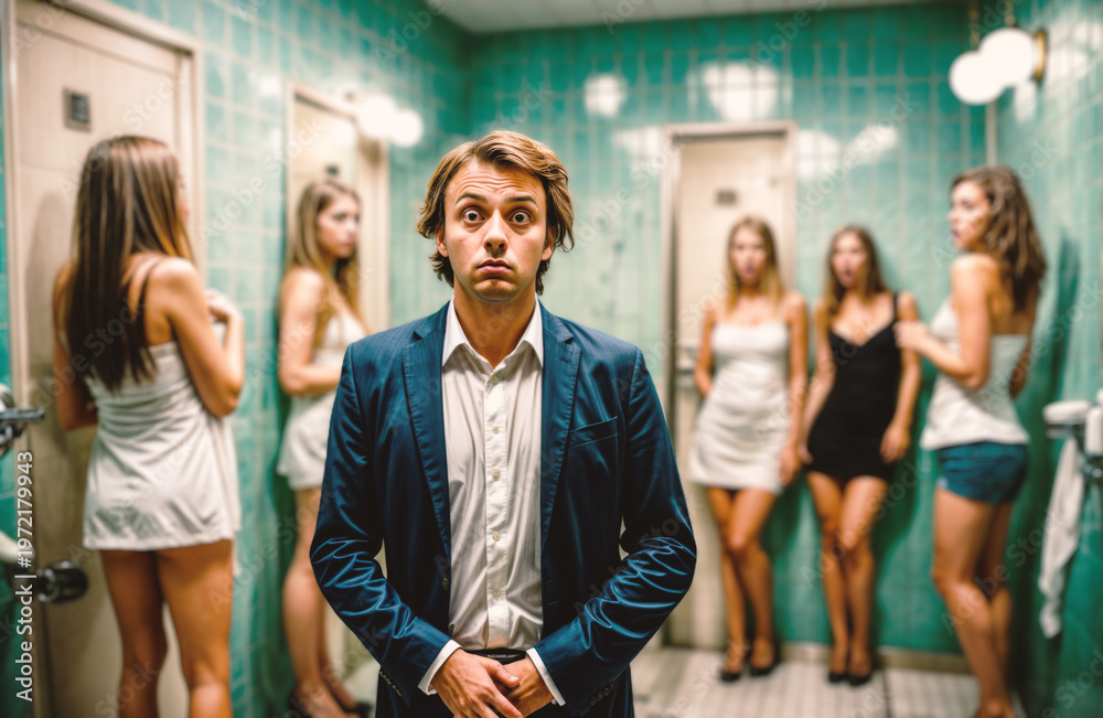 Fototapeta premium Surprised Businessman in Suit standing in a Women's Public Restroom, Humorous Awkward Situation
