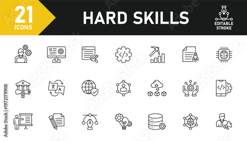 Hard skills line icon set. Set of 21 outline icons related to foreign, language, certificates, computer skill, business skill, AI, technical writing and others. Editable stroke. Vector illustration.