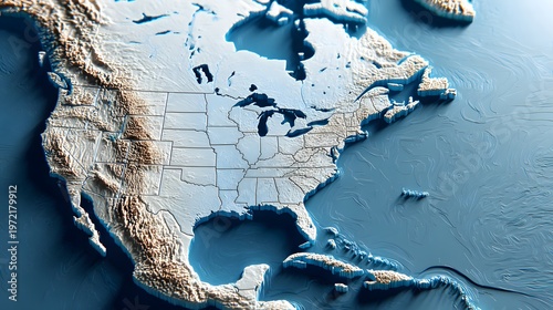 Detailed 3D map of North America highlighting terrain and geography, United States topographic visualization, continental landscape, geographic data representation, modern cartography design