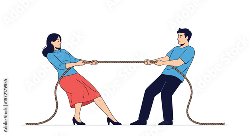 Man and woman in professional attire engaged in a competitive tug of war game pulling on opposite ends of a thick rope.