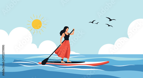 Woman in a black top and red skirt standing on a paddleboard while navigating the waves of the blue ocean under a bright sun.