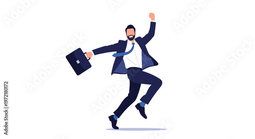 Happy businessman in a suit jumping in the air with his briefcase while celebrating a major business success or achievement.