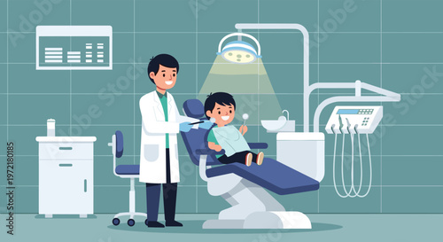 Friendly dentist examining the teeth of a young boy sitting in a dental chair in a bright and modern dental clinic.