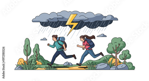 Man and woman hikers with backpacks running through a forest landscape to find shelter from a heavy rainstorm with lightning.