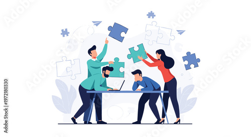 Group of four people working together around a table to assemble a giant blue jigsaw puzzle on a light background.