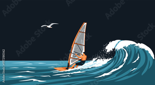 Man windsurfing on the ocean while navigating through a large crashing wave under a dark sky with a flying seagull.