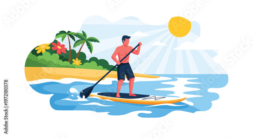 Man in black shorts standing on a paddleboard while rowing in the ocean near a tropical beach with palm trees and a bright sun.