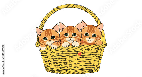 Three adorable orange tabby kittens sitting together inside a small wicker basket with a red heart decoration on its front.