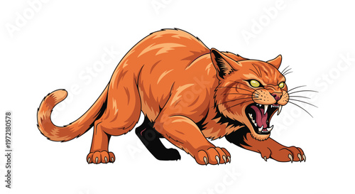 Fierce orange tiger or wild cat in a crouching defensive pose showing sharp teeth and growling with intense yellow eyes on white.