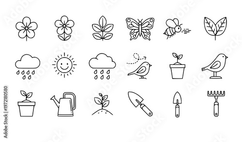 Spring Gardening and Floral Line Icons Editable Stroke Vector Illustration
