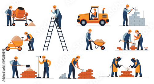 Professional construction workers performing diverse building tasks like mixing cement, laying bricks, welding, and operating machinery.