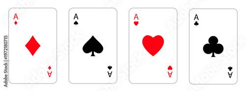 Playing card set. Four aces icon. Poker cards suits. Hearts, clubs, diamonds, spades ace line. Winning poker hand. Las Vegas Casino gambling concept. Flat design. Isolated. White background. Vector