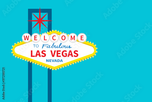Welcome to fabulous Las Vegas sign icon. Red star. Nevada sight showplace. Template for greeting card, banner, sticker print. Classic retro symbol. Flat design. Isolated. Blue sky background. Vector