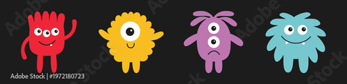 Monster set line. Happy Halloween. Cute cartoon funny character. Colorful silhouette monsters. Kawaii face with teeth, horns, eyes, hands. Childish baby collection. Flat design. Black background. Vect
