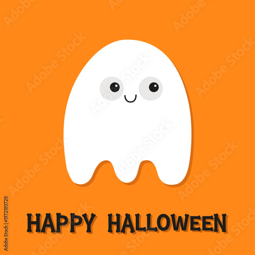 Happy Halloween. Flying ghost spirit. Scary white ghosts. Cute cartoon spooky character. Smiling face. Greeting card. Childish style. Simple Flat design. Isolated. Orange background. Vector