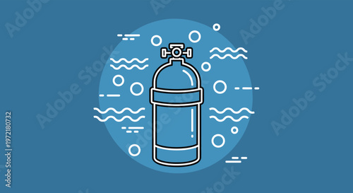 Line art icon of a scuba diving oxygen cylinder tank surrounded by bubbles and water waves on a blue circular background.