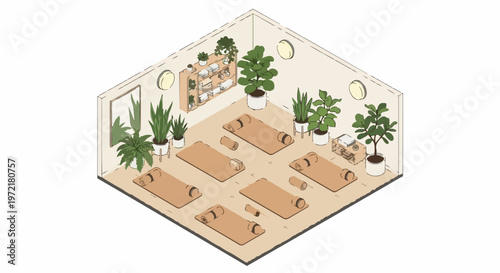 Isometric Yoga Studio Interior Illustration with Yoga Mats, Potted Plants, and Zen Decor. Minimalist Wellness Center Design for Fitness and Relaxation.