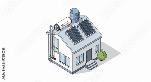 Isometric 3D Illustration of a Sustainable Modern House with Solar Panels and Water Heating System on the Roof