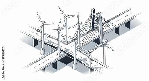 Isometric Sustainable Infrastructure Illustration with Wind Turbines and Modern Highway Bridge