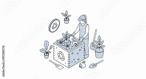 Woman Composting Organic Waste in Garden Bin Isometric Line Art Illustration for Sustainable Living Concept