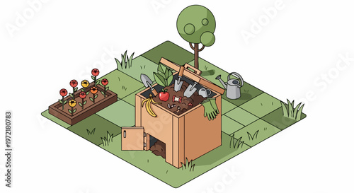Isometric Illustration of a Wooden Compost Bin in a Sustainable Garden with Organic Food Waste, Recycling Tools, and Flowers on White Background