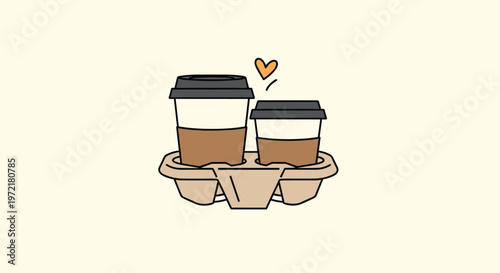 Two different sized takeaway coffee cups with black lids held in a cardboard carrier with a small orange heart icon above them.