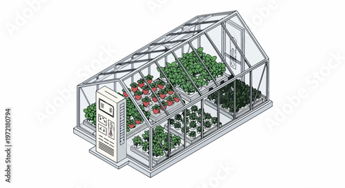 Isometric Smart Greenhouse Illustration featuring Automated Control Panel and Diverse Crops for Modern Sustainable Agriculture and Agritech Concepts