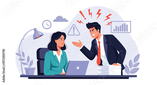 Angry male boss shouting at a stressed female employee at her desk in an office environment with warning signs and lightning bolts.