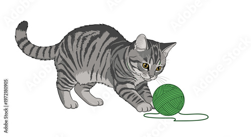 Playful grey tabby kitten crouched down and swatting at a ball of green yarn with its paw on a clean white background.