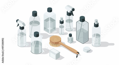 Isometric Vector Illustration of Cleaning Supplies, Hygiene Bottles, Spray Containers, and Scrubbing Brush on White Background