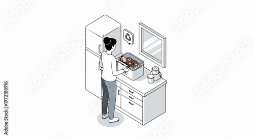 Isometric Illustration of a Woman Using an Electric Kitchen Composter for Food Scraps Recycling and Zero Waste Living