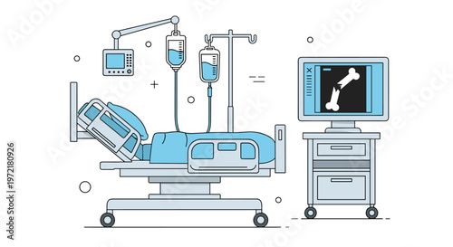 Modern medical hospital room featuring an empty adjustable bed, IV drips, monitoring equipment, and an X-ray display of a bone.