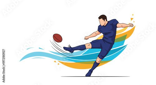 Dynamic illustration of an American football player in blue uniform kicking a football with stylized abstract energy trails.