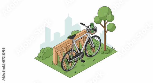 Sustainable Urban Transport Isometric Illustration: Bicycle Parked in a Wooden Rack in a City Green Space with Skyline Background