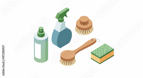 Isometric Household Cleaning Supplies Set with Spray Bottles, Wooden Brushes, and Sponge Illustration