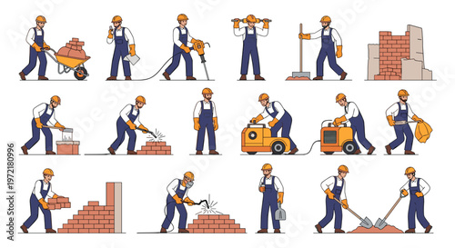 Extensive collection of construction workers and builders in various working poses such as bricklaying, digging, and welding.